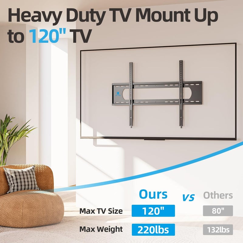 USX STAR 85 86 98 100 inch Heavy Duty TV Wall Mount for 55-120 inch Large TVs up to 220 LBS & 900x600mm Vesa, Ultra Slim Fixed TV Mount, Low-Profile TVS Bracket, 16" 24" 32" Wood Stud, Fit Most 65+ 75+ 120 TVs - Image 3